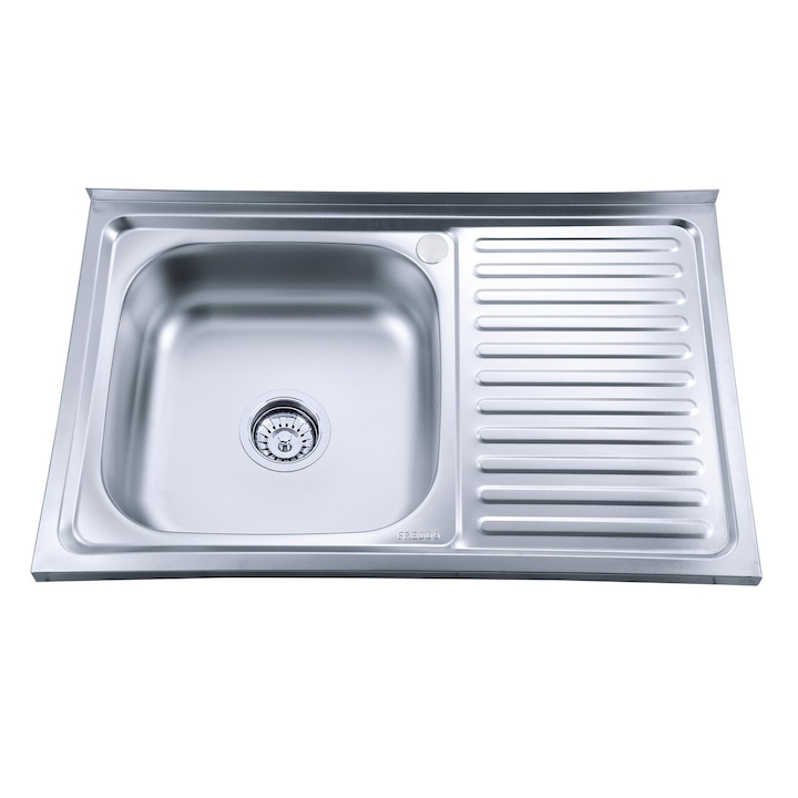 Chiuveta bucatarie Freddo SN8001S, montaj pe masca, dimensiune 50 x 80 cm, 18 cm adancime, cuva pe stanga, finisaj anticalcar, inox