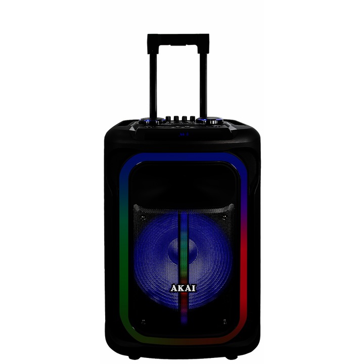 Тонколона Akai ABTS-15 Pro Vulcano с колелца, Преносима, Bluetooth, 75 W RMS, 2 x безжичен микрофон, черна