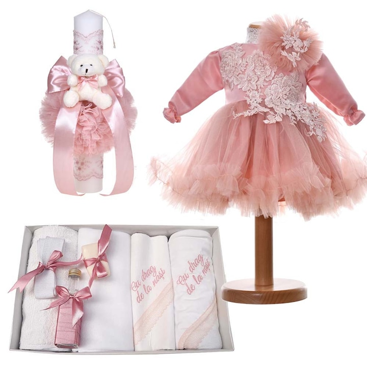 Set botez pentru fetite, 1 - 3 luni, trusou botez cu mesaj, lumanare botez cu ursulet si rochita 2 piese, decor roz pudra, Denikos® 24-08