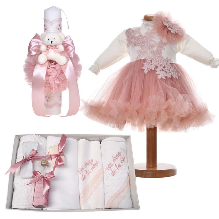 Set botez biserica pentru fetita, 1 - 3 luni, trusou botez cu mesaj, lumanare botez cu ursulet si rochita 2 piese, decor alb, roz pudra, Denikos® 24-07