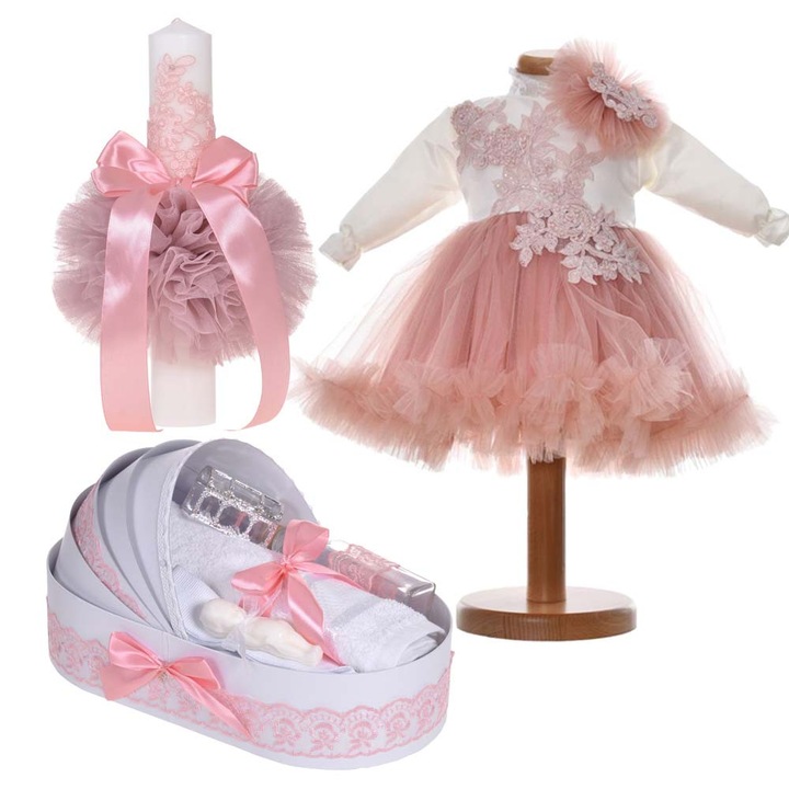 Set lumanare botez pentru fetita, 1 - 3 luni, trusou botez in cutie landou si rochita botez 2 piese, decor alb, roz pudra, Denikos® 24-55
