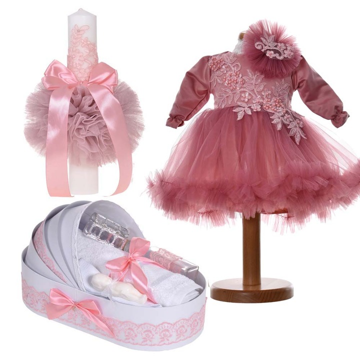 Set trusou botez fetita, 1 - 3 luni, lumanare botez cu dantela si rochita botez 2 piese, decor roz pudrat inchis, Denikos® 24-57