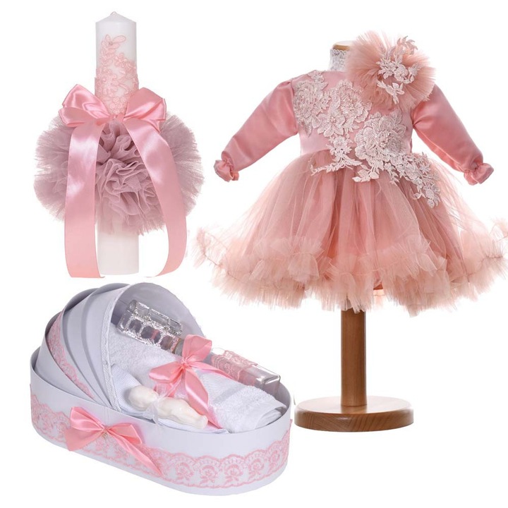 Set lumanare botez cu dantela pentru fetita, 9 - 12 luni, trusou in cutie landou si rochita botez 2 piese, decor roz pudra, Denikos® 24-56