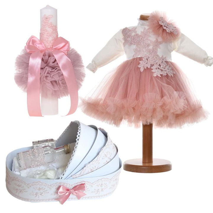 Set botez fetita, 6 - 9 luni, trusou in landou, lumanare cu dantela si rochita botez, 2 piese, decor alb, roz pudra, Denikos® 24-72