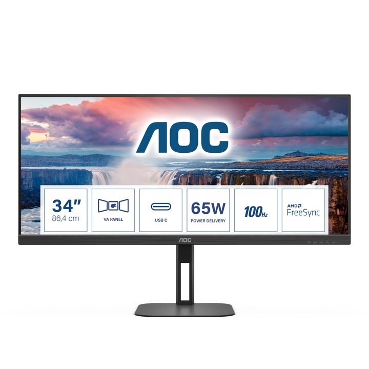 Монитор AOC U34V5C/BK 34'', WLED VA Panel, Anti Glare, 3H, 21:9, 3440x1440, 100Hz, 4ms, 300cd/m2, 4000:1, 20M:1, 3- sided frameless, Free Sync, Flicker-free, Low blue light, PIP, PBP, HDMI, DisplayPort, USB-C, 4x USB 3.2, Tilt, Swivel, HAS, Spea U34V5C/BK
