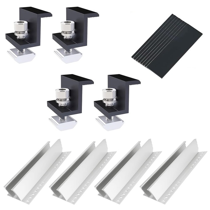 Kit montare panou solar, pentru fixare 2 panouri fotovoltaice, cu 4 buc sina 300 mm din aluminiu AL6005-T5, 4 buc clema capat cu surub, 8 garnituri, montaj pe acoperis din tabla