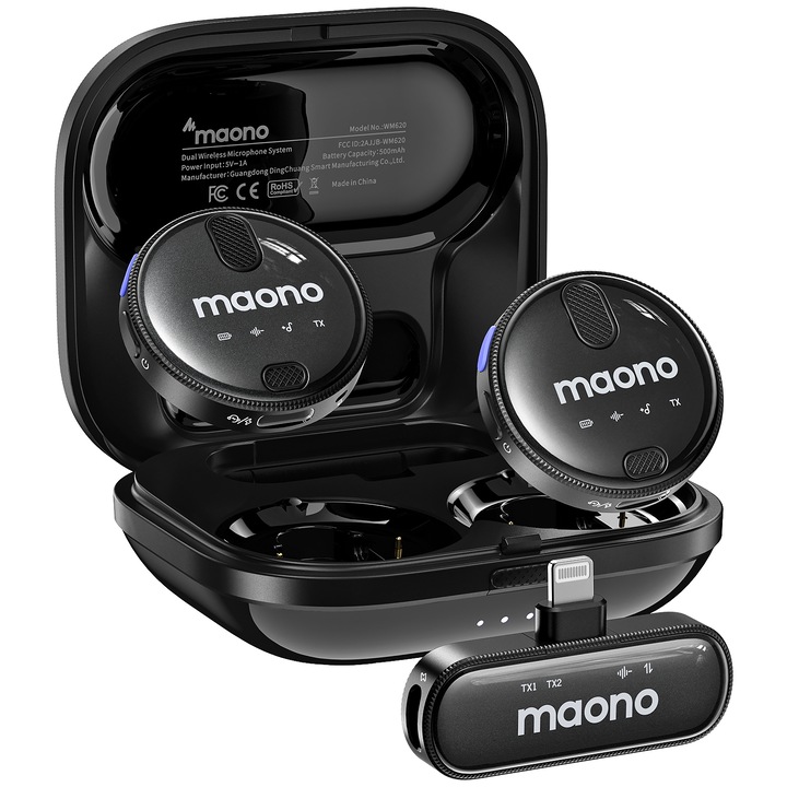 Set 2 Lavaliere wireless, Maono WM620 B2, Double Noise Cancellation, Sistem cu mufa Lightning