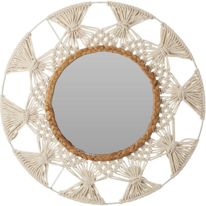 Dekoratív tükör makramé és rattan kerettel, Ø 45 cm