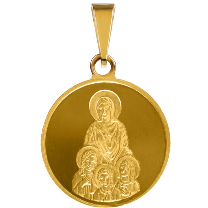 Medalion de aur Sfanta mucenita Sofia (Intelepciunea) si Pistis (Credinta), Elpis (Nadejdea), si Agapis (Dragostea), Greutate: ~2 g./ 0.06 oz, Grosime: 1 mm, Marimea: 16 mm, 18k