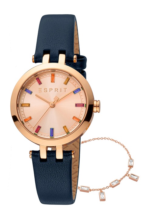 Esprit, Овален часовник с кожена каишка, Rose Gold, Тъмносин