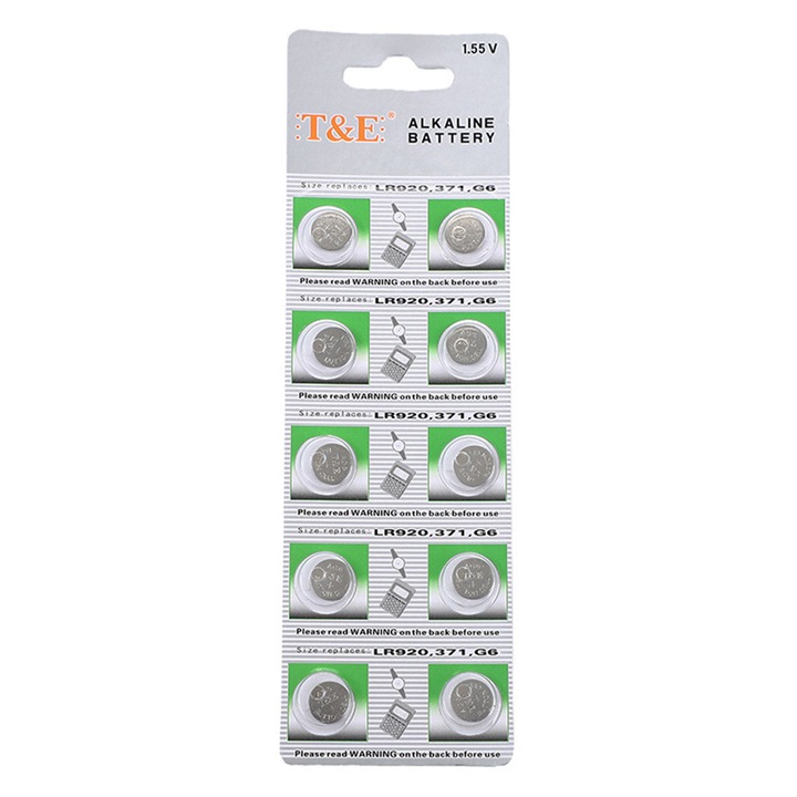 10 db T&E AG6 alkáli elem készlet, 1,55 V, 9,5 mm