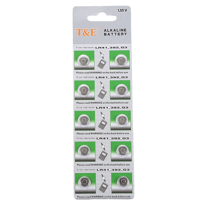 10 db T&E AG3 alkáli elem készlet, 1,55 V, fém, 7,9 mm