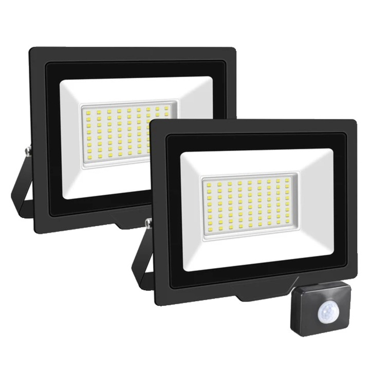 Set 2 proiectoare cu Senzor PIR Reglabil, 2x50W, Alb Natural, IP66, 3500-5500K