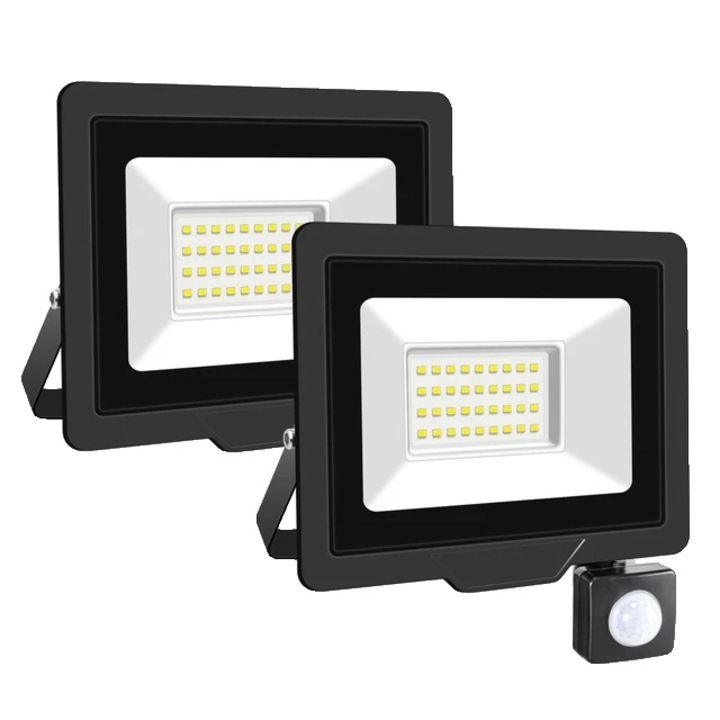 Set 2 proiectoare cu Senzor PIR Reglabil, Lumina Neutra 3500-5500K, 2x30W, IP66