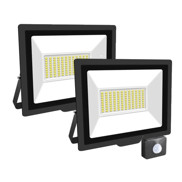 Set 2 proiectoare cu Senzor PIR Reglabil, 2x75W, Alb Cald, IP66, 2700-3500K