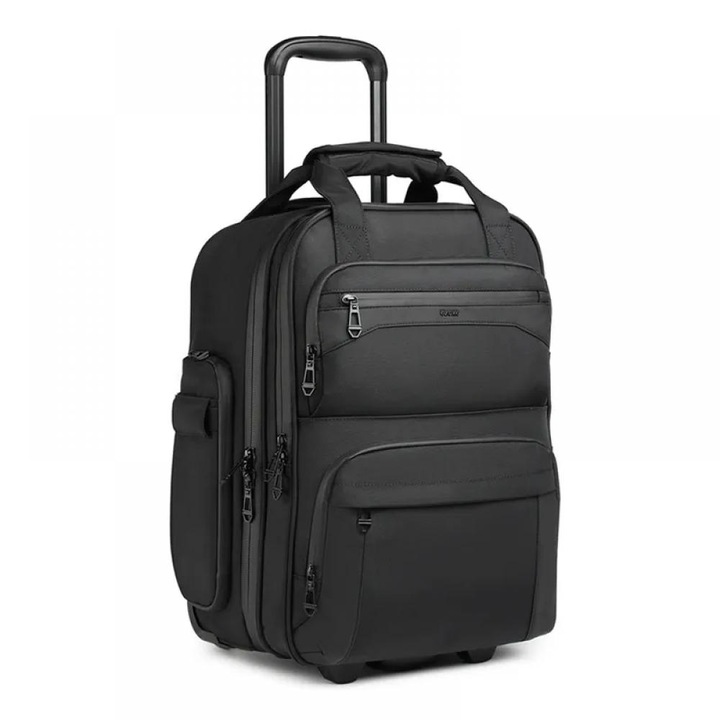 Repülőgép kabin kocsi, OZUKO, vízálló oxford anyag, teleszkópos fogantyú, 39l, 2 kerék, többszörösen osztott szerkezet, 46x33x24 cm, fekete