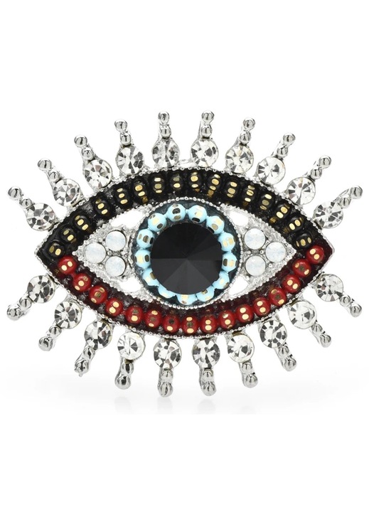 Brosa Eleganta Argintie Ochi Decorata cu Zirconi Stralucitori si Margele Colorate - Accesoriu Rafinat pentru Rochie, Sacou, Palarie, Geanta sau Haina - Aliaj de Bijuterii de Inalta Calitate - Cadou Perfect pentru Femei