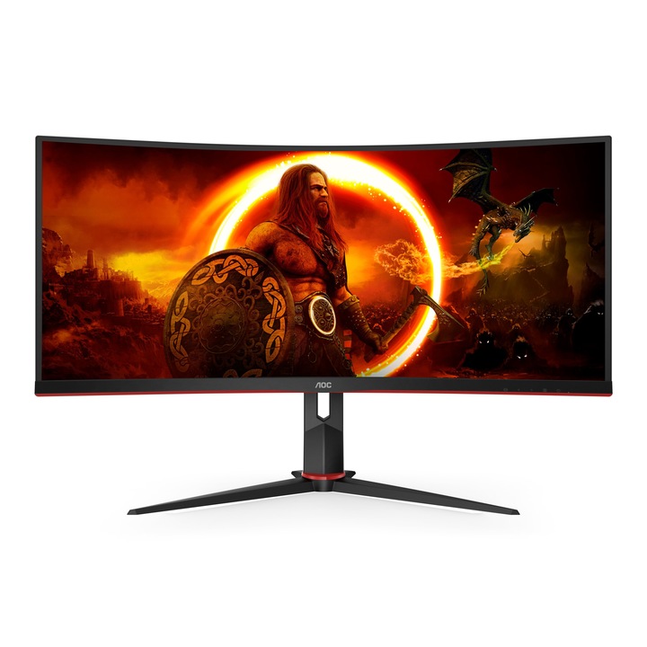 Ívelt játékmonitor AOC Ultrawide LED VA 34", UWQHD, 180 Hz, 1 ms MPRT, HDMI 2.0, DP 1.2, FreeSync Premium, FlickerFree, Low Blue, USB hub, fekete/piros, CU34G2XP/BK