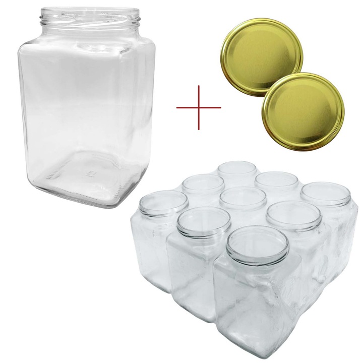 Комплект Стъклени Буркани 1000 мл. Квадрат на винт с капачки, Данрос, 9 бр