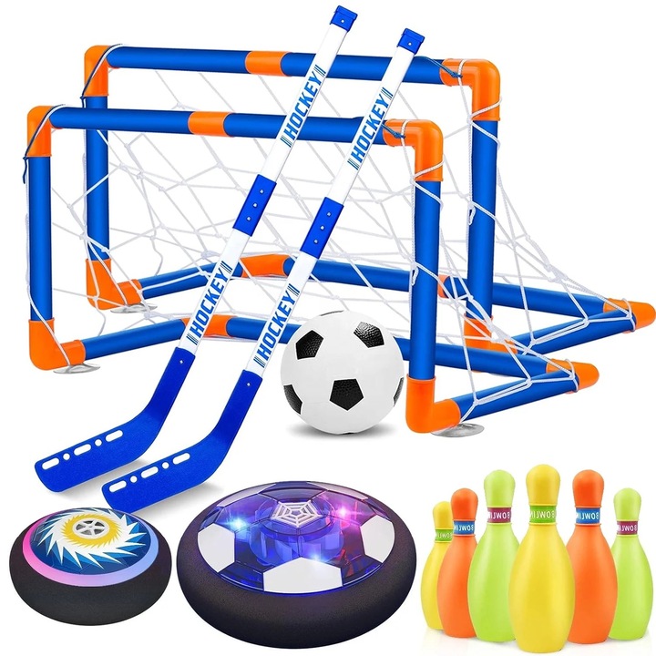 Set 3 in 1 pentru copii +3 ani, porti de fotbal cu minge normala si minge plutitoare, Bowling, Hockey, 60 x 55cm, Multicolor