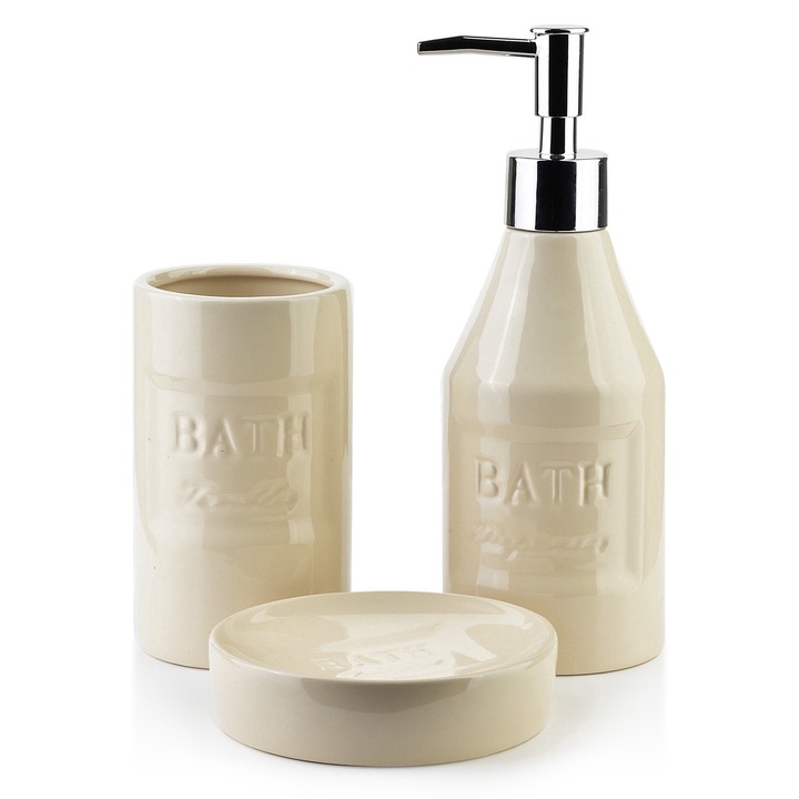 Set De Baie, Mondex, Joff, Dozator De Sapun, Cana, Sapuniera, Bej/Argintiu