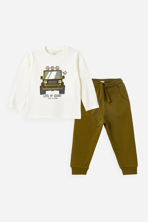 LC WAIKIKI, Set de bluza si pantaloni de trening din amestec de bumbac, Alb/Verde masliniu