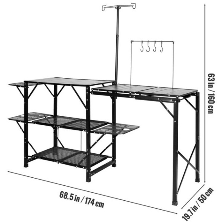 Kempingasztal összecsukható mosogatóval, polcokkal és pohártartókkal, Alumínium, 68,5x19,7x63cm, Fekete