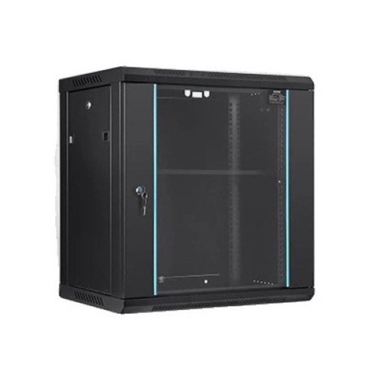 Többfunkciós fém szekrény, falra/padlóra szerelhető, 12U, fekete, 15,5" mélység, biztonságos