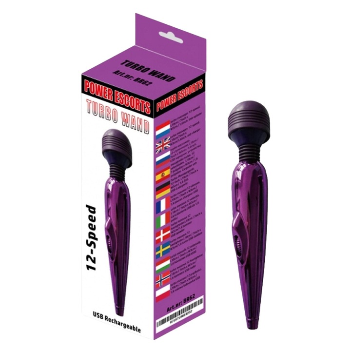 Power Escorts vibrátor, Turbo Wand, 12 sebességes, lila, 18 cm