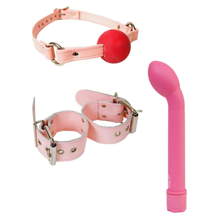 Set BDSM, Belladonna's Tie Me, mansete reglabile, knebel, vibrator, roz