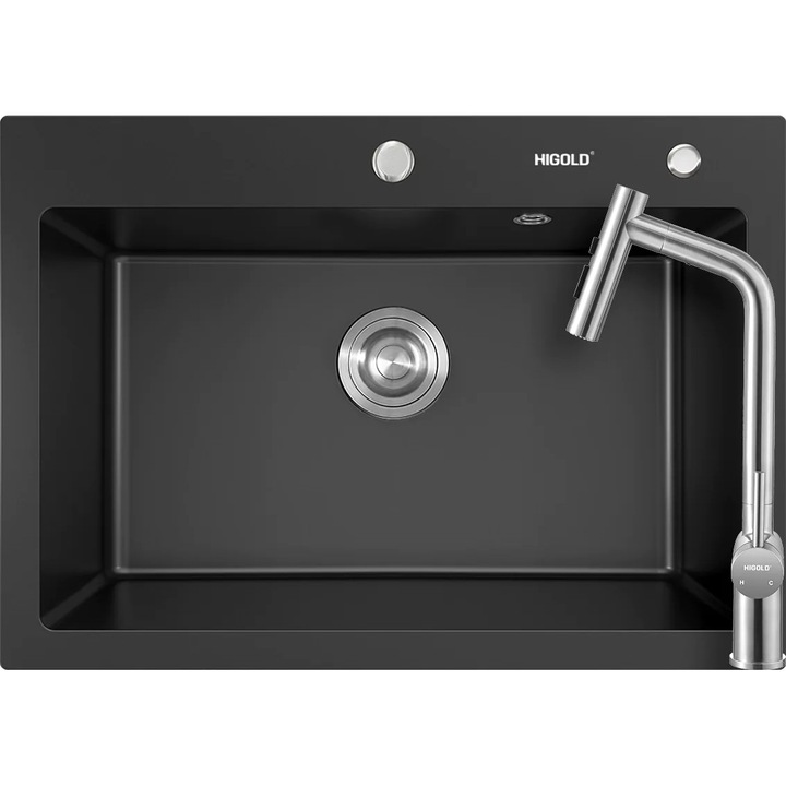 Kit chiuveta bucatarie Higold 935004B 680 x 480 mm negru cu baterie Higold Piniz cu cap extractibil, inox periat