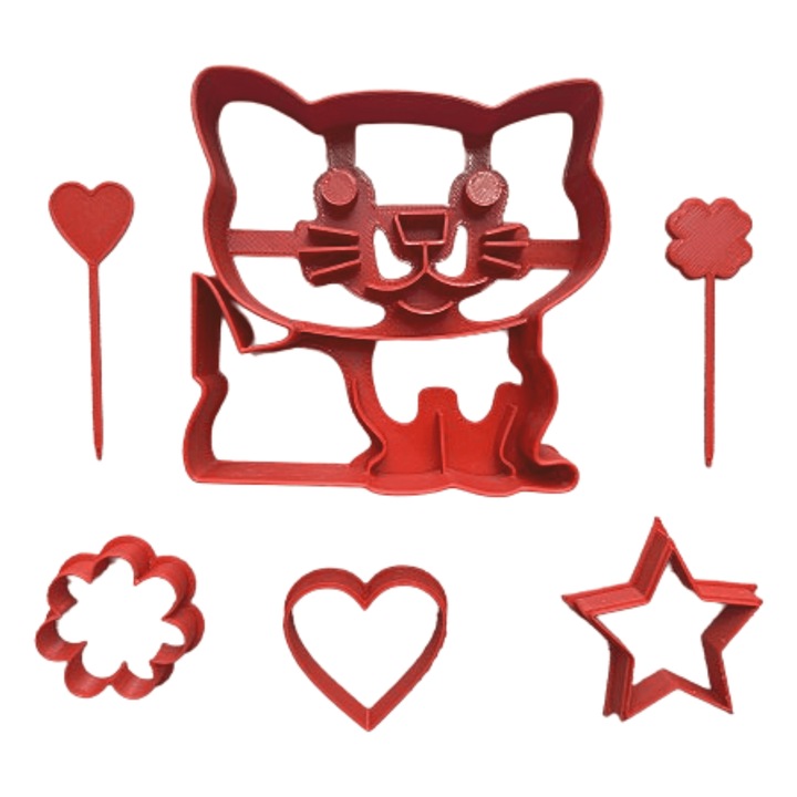 6 darabos ételkészítő kiegészítő szett, szendvics, gyümölcs, zöldség, sütemény, fánk formák gyerekeknek, piros, műanyag, Macska