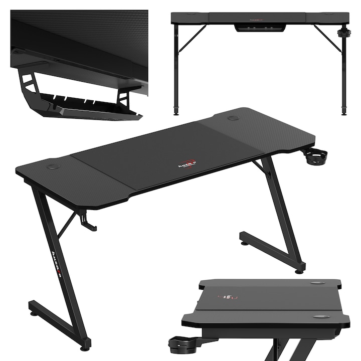 Birou gaming Huzaro, Hero 3.3, 140 x 60 x 74 cm, inclusiv mousepad 80 x 58 cm, 2 Intrari Pentru Cabluri, Raft pentru cabluri, blat mare, constructie stabila, picioare reglabile, suporturi pentru casti, suport pentru cana, Negru