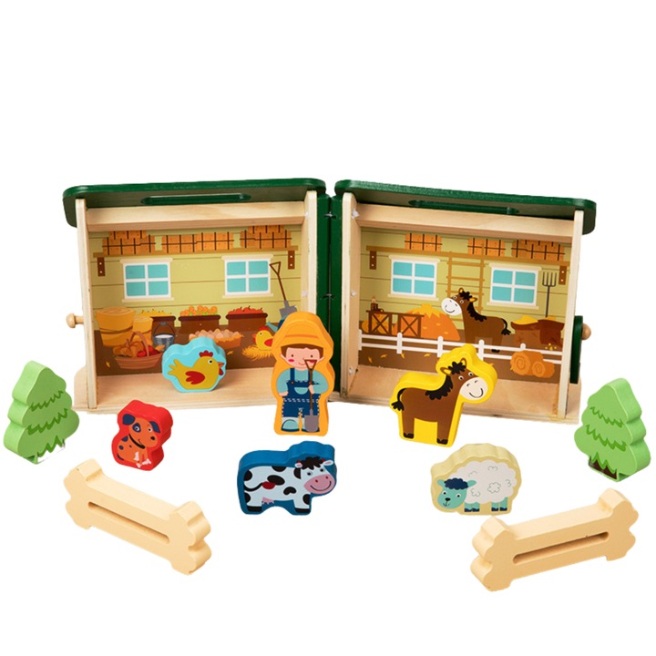 Образователна играчка Монтесори, за деца над 3 години, Дървена, Преносима селска къща с домашни животни, Вълшебна кутия Arelair, с играчки за сортиране и подреждане