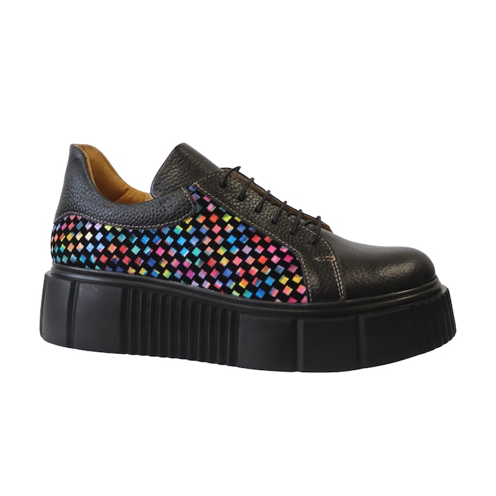 Pantofi Dama din Piele Naturala cu Siret si Talpa Inalta Giulia, Mateo Shoes, Negru/Multicolor
