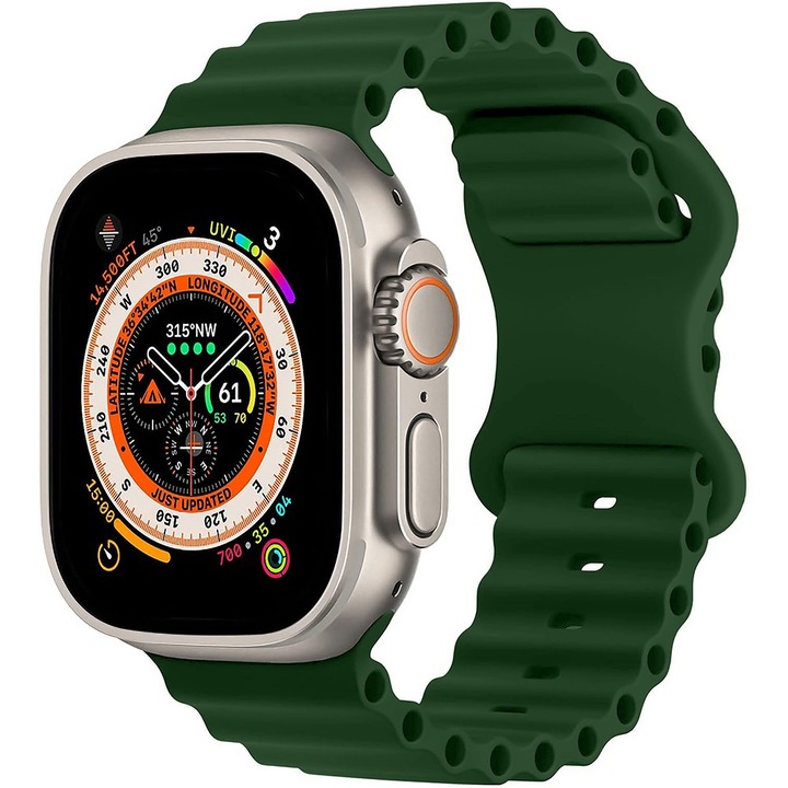 Ocean Loop szilikon szíj, kompatibilis az Apple Watch SE/9/8/7/6/5/4/3/2/1 - 38/40/41 mm-es modellekkel CASEY STUDIOS™, állítható, lélegző, puha tapintású szilikon, Webster zöld