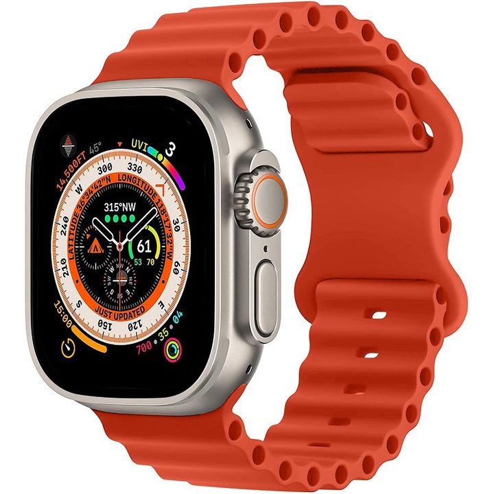 Curea Silicon Ocean Loop compatibila cu Apple Watch Ultra3/Ultra 2/Ultra/SE3/SE2/SE/11/10/9/8/7/6/5/4/3/2/1 - 42/44/45/46/49MM CASEY STUDIOS™, Ajustabila, Respirabila, Silicon moale placut la atingere, Portocaliu