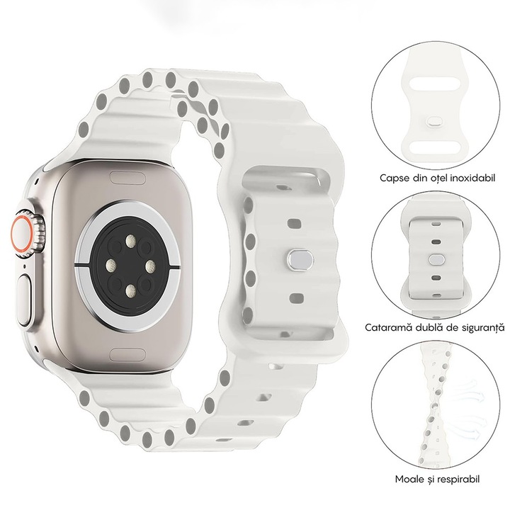 Силиконова каишка Ocean Loop, съвместима с Apple Watch Ultra 2/Ultra/SE/9/8/7/6/5/4/3/2/1 - 42/44/45/49MM CASEY STUDIOS™, регулируема, дишаща, бяла