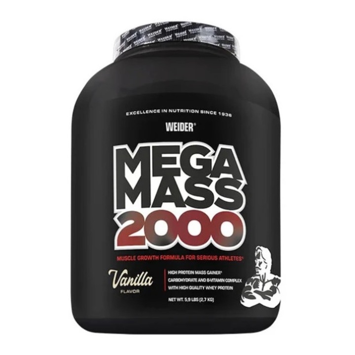 Mega Mass 2000, pulbere proteica, Weider, pentru cresterea masei musculare, aroma Vanilla, 2.7Kg