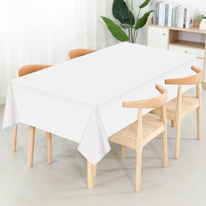 Set 10 fata de masa dreptunghiulara, Axroad Mall, 137 x 274cm, Panza de masa de unica folosinta, Impermeabil si respingator de murdarie, Grosime 0.25mm, Pentru petreceri, nunti, botezuri, PEVA, Alb