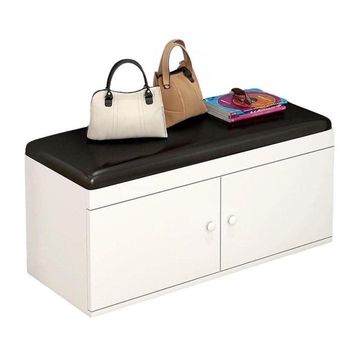 Pantofar tip taburet cu depozitare,60x32x35 cm, alb, sezut piele ecologica Rebiko