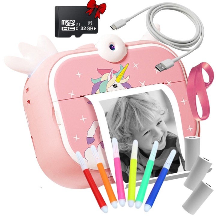 Aparat foto pentru copii SMARTIC®, rezolutie Full HD 1080p, baterie 1050mAh, ecran 2.4 inch, card memorie 32 GB, functie de printare instant, 3 jocuri integrate, 3 role pentru printare, 6 carioci, MP3, mod selfie, 20 de rame integrate, USB type-C, roz