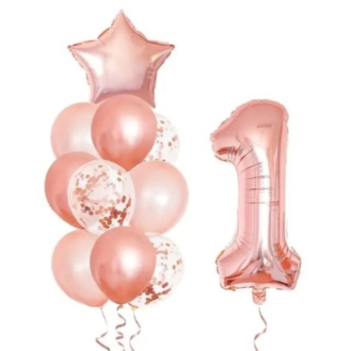 Baloane din folie 1 An, 70 cm, 10 Baloane Aniversare, 35 cm, culoare rose gold, HAPPY JOKER®
