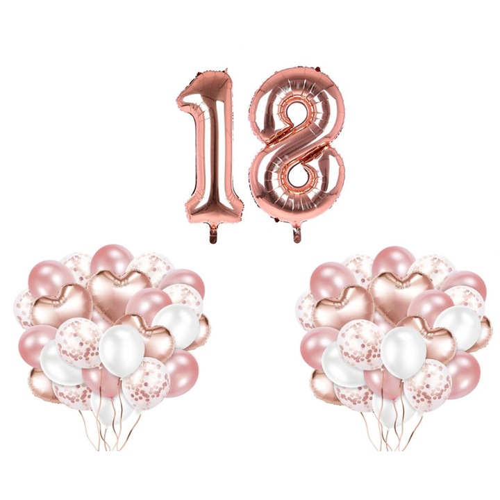Set 2 baloane folie 18 ani, 102cm, 6 baloane inima din folie, 45 cm si 40 baloane din latex, 30 cm, fata, Roz Gold, HAPPY JOKER®