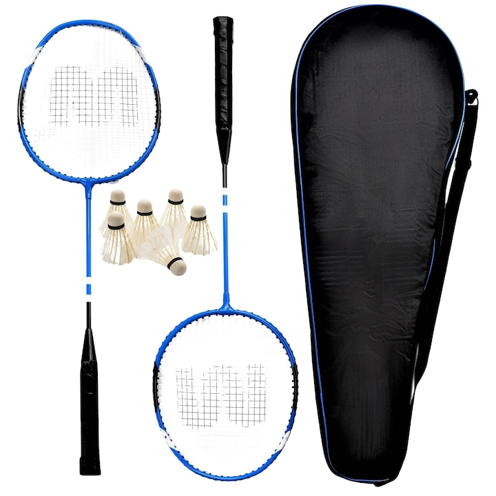 Set badminton Sofia CONCEPT®, 2 Rachete, 6 Fluturasi din Pene, Aluminium, Husa Transport, Blue/Black