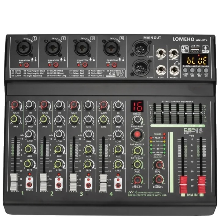 Mixer audio, Lomeho, 4 canale, 7 benzi, Bluetooth, USB, Negru