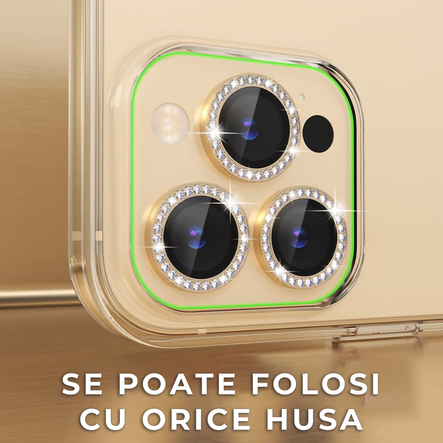 Folie Camera Daden din sticla pentru iPhone 14 Pro/14 Pro Max, Full Cover, Diamond, Protectie Profesionala, Ultra Rezistenta, Calitate Premium, Auriu