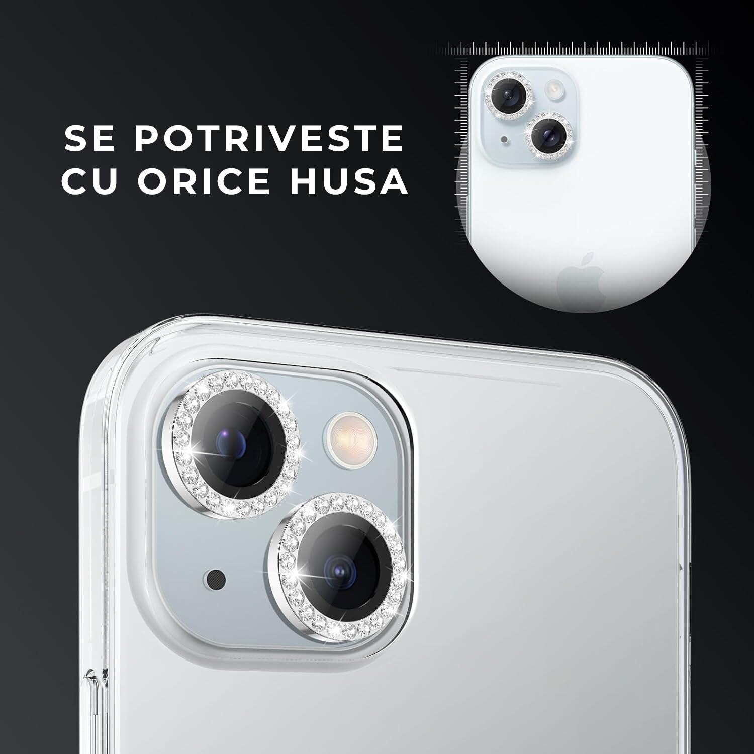 Folie Camera Daden din sticla pentru iPhone 14/14 Plus, Full Cover, Diamond, Protectie Profesionala, Ultra Rezistenta, Calitate Premium, Argintiu