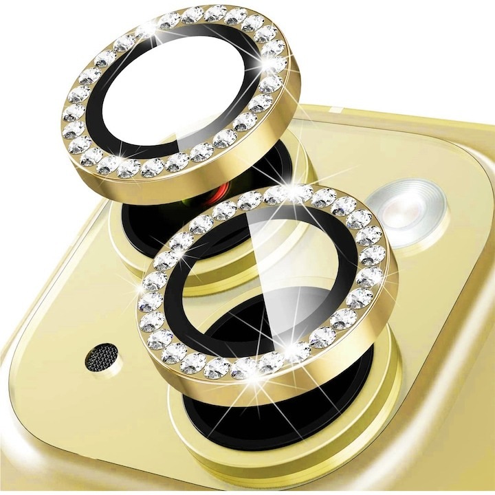 Daden Glass Camera Film for iPhone 15/15 Plus, teljes borítás, gyémánt, professzionális védelem, ultra ellenálló, prémium minőség, arany