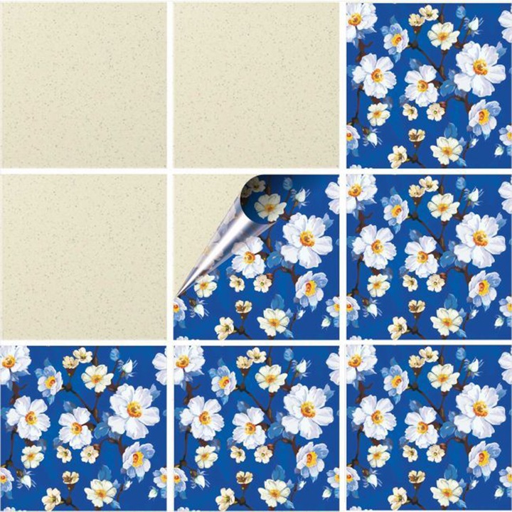 Set 100 Stickere decorative autoadezive pentru faianta sau perete, Model Skeleton Flower, Dimensiuni 30 cm x 30 cm, Rezistente la uzura si apa, 9 m2